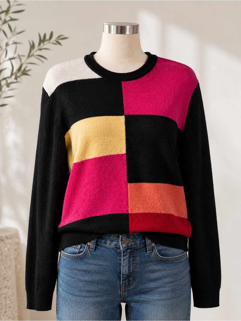 Vintage Sag Harbor Sweater Womens L 90s Colorblock Geometric Abstract Artsy